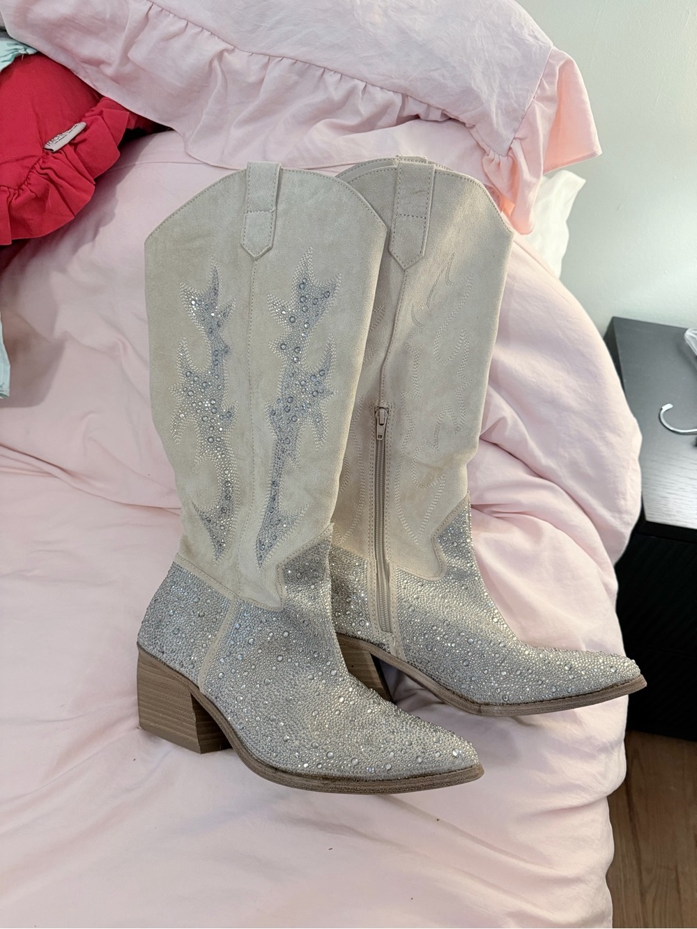 Embellished Sparkle Beige and Silver Cowboy Heeled Boots